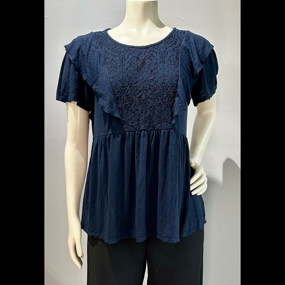 Knox Rose Navy Crochet Yoke Flutter Sleeve Blouse